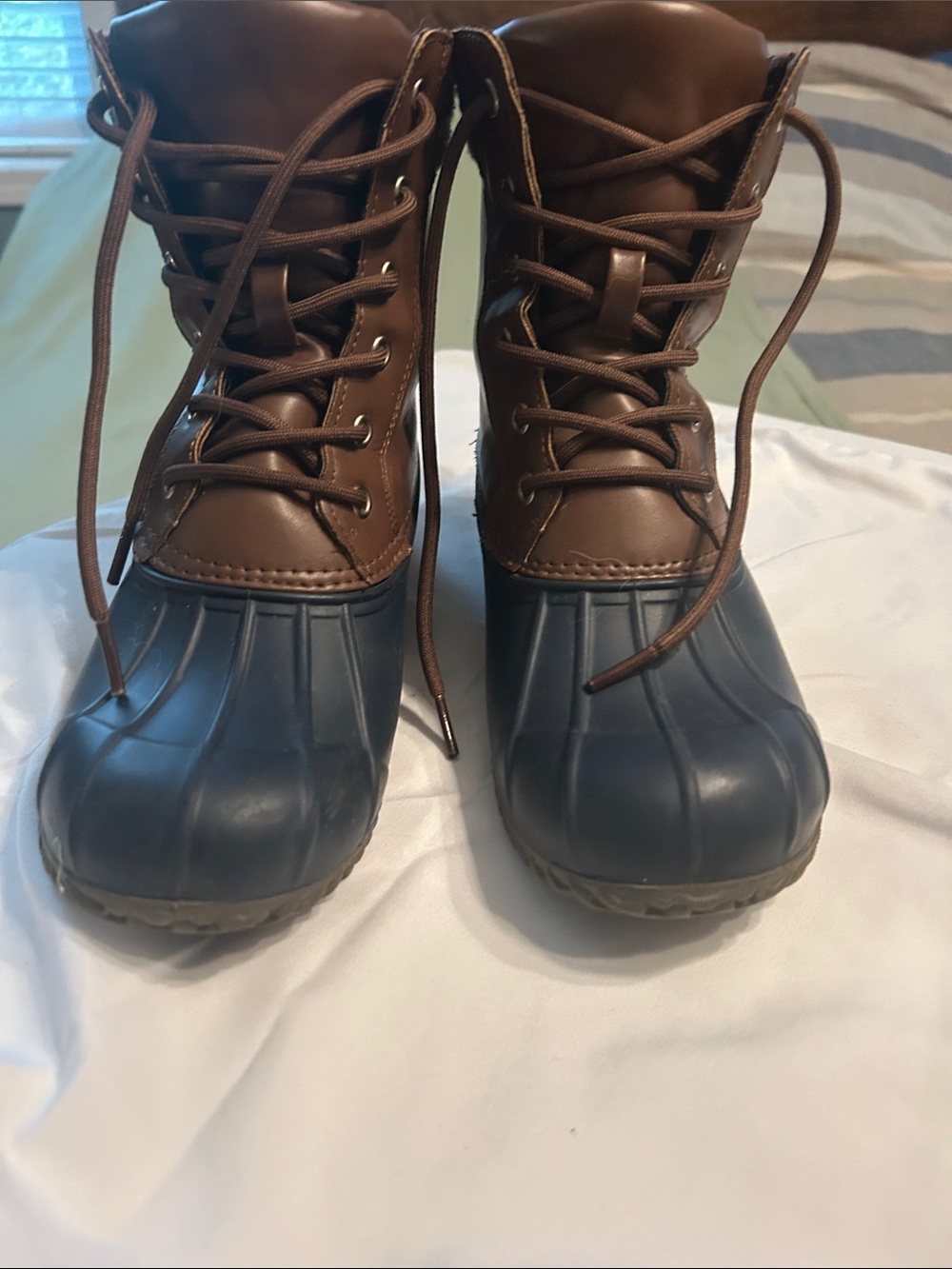 Women's Brown and Navy Waterproof Lace-Up Ankle Duck Boots